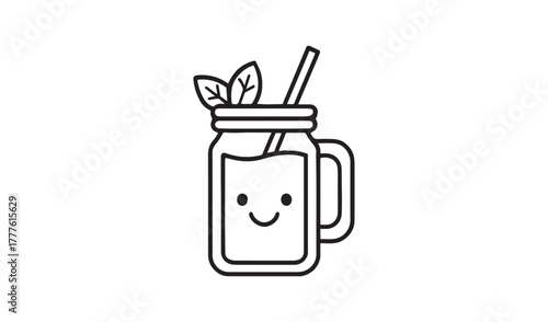 Cute kawaii mason jar drink with straw and mint leaves