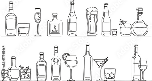 Alcohol drinks line art vector illustration for bar menu design