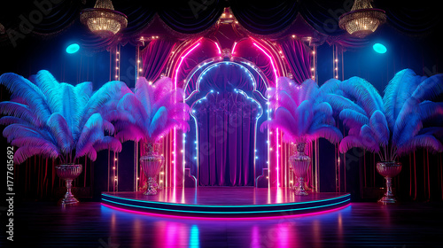 Luxury retro burlesque stage with neon lights and palm feathers in art deco style