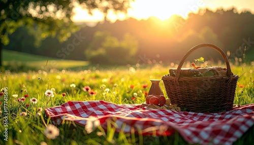 Fototapeta Naklejka Na Ścianę i Meble -  A picnic basket filled with food sits on a red and white checkered blanket in a sun-drenched meadow dotted with wildflowers.