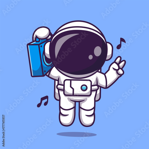 Cute Astronaut Listening Music with Boombox Cartoon
