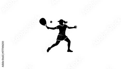 Dynamic silhouette of a female tennis player engaged in an intense rally, capturing the powerful motion of a swing and ball contact. Ideal for sports branding or athletic event promotion