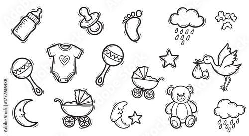 Baby icons seamless pattern background in hand drawn doodle style