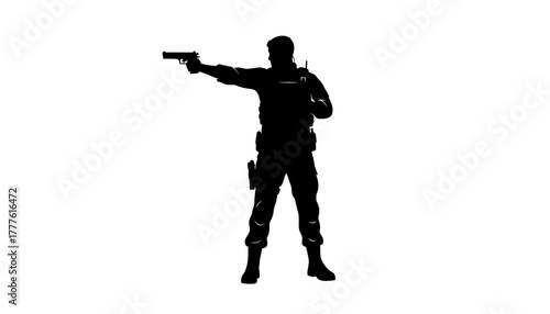 Silhouette of a police officer aiming a handgun, a symbol of law enforcement and security