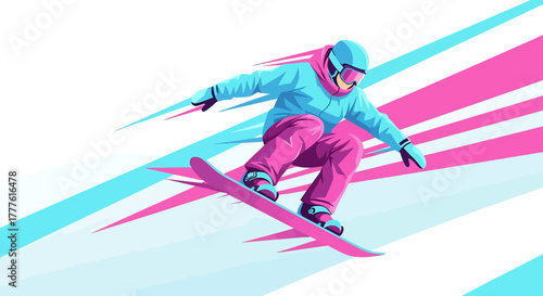 Dynamic illustration of a snowboarder performing a jump against a vibrant, abstract background with pink and blue streaks