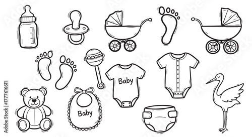 Baby items sketched in black outline style on white background