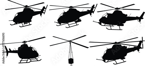 Cad drawing flat vector illustration of helicopter silhouettes, flying aircraft collection, aviation transport, air rescue and cargo lifting helicopters