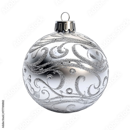 Elegant silver christmas ornament with intricate swirling patterns on a transparent background