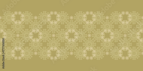 Delicate Christmas seamless vector Border with gold and yellow snowflakes. Geometric seasonal texture for wrapping paper, greeting cards, invitations, gift boxes and web background.