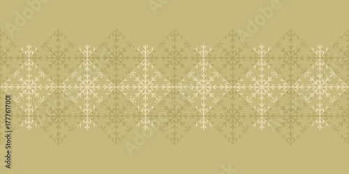 Abstract Christmas snowflake texture Border on gold orange background. Elegant seamless vector pattern for wrapping paper, textile and paper prints, greeting cards and gift boxes.