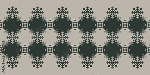 2 tone Christmas snowflake texture Border on geometric rhombus background. Elegant seamless vector pattern for wrapping paper, textile and paper prints, greeting cards and gift boxes.