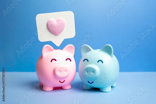 Male and female piggy banks in love. Joint bank account or savings. Gifts and savings for Valentine's Day. Love investments, and financial unity in relationships. Family budgeting, or couple banking