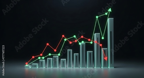 3D financial bar chart with glowing green upward arrow and red downward arrow showing market trends.