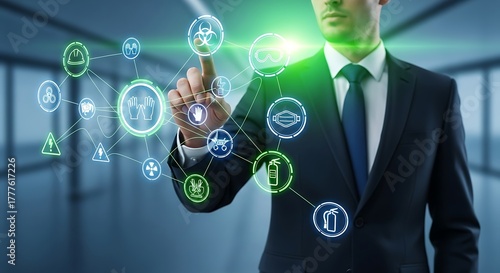 Businessman managing workplace health and safety with a futuristic virtual interface showing HSE icons.