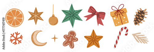 Set of cozy Christmas vector elements — orange slice, stars, bows, pinecone, gift box, gingerbread, candy cane, snowflake, and moon. Hand-drawn festive clipart in warm holiday colors.