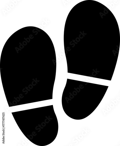 Footprint and shoe print icon in black flat style, including barefoot, boot, sneaker, trail, and walking track symbols, perfect outline and silhouette vector