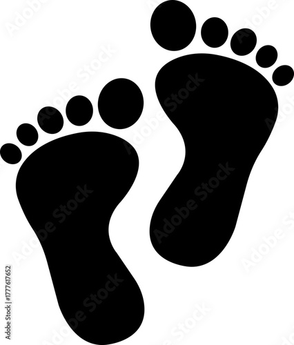 Footprint and shoe print icon in black flat style, including barefoot, boot, sneaker, trail, and walking track symbols, perfect outline and silhouette vector