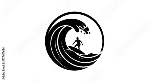 Surfing Adventure Logo Design Silhouette of a Surfer Riding a Wave Inside a Circle