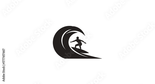 Minimalist black and white silhouette icon of a surfer riding a powerful, curling ocean wave, a modern graphic for a sports or travel brand