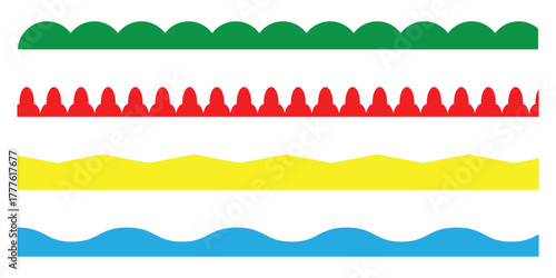 Modern pattern retro Scalloped set on white background. Colour pattern scallop vector icons set on white background. Simple vintage abstract scallop set. Scalloped edge on white page. EPS 10. 