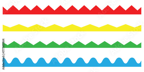 Scalloped edge on white page. Modern pattern retro Scalloped set on white background. Colour pattern scallop vector icons set on white background. Simple vintage abstract scallop set. EPS 10. 