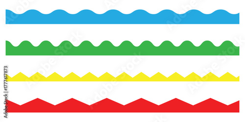 Scalloped edge on white page. Modern pattern retro Scalloped set on white background. Colour pattern scallop vector icons set on white background. Simple vintage abstract scallop set. EPS 10. 