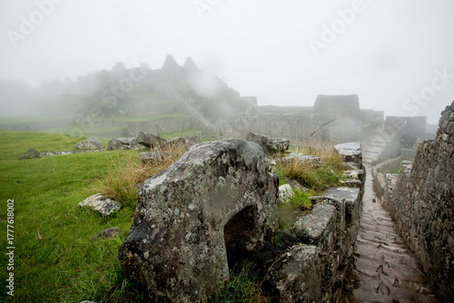 Horizontal view of Machu Picchu in the Mist with leaves in foreground