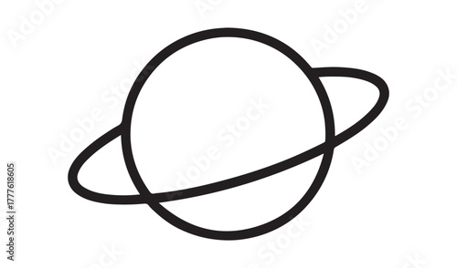 Simple hand drawn black outline of a planet with rings on a white background