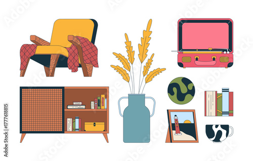 Cozy mid-century room furniture and decor 2D cartoon objects set. Wooden armchair with blanket, retro suitcase turntable isolated elements flat vector clip arts on white. Spot illustrations collection