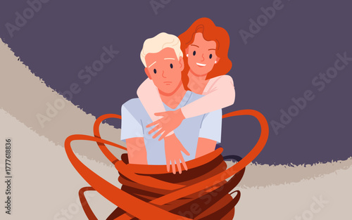 Depicts a man trapped by red ribbons and a woman holding him from behind, symbolizing emotional manipulation, control, and toxic relationship dynamics isolated vector illustration