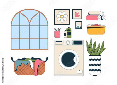 Laundry room essentials 2D cartoon objects set. Washing machine, window, detergent, hamper, basin, wall art, towels isolated elements flat vector clip arts on white. Spot illustrations collection