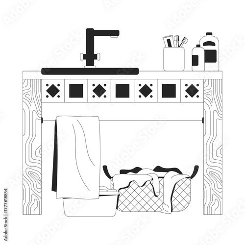 Laundry sink with storage basket 2D line object. Eclectic faucet, hanging towel, clothes basin, wicker hamper, toiletries isolated clipart vector ink outline item. Monochrome spot illustration