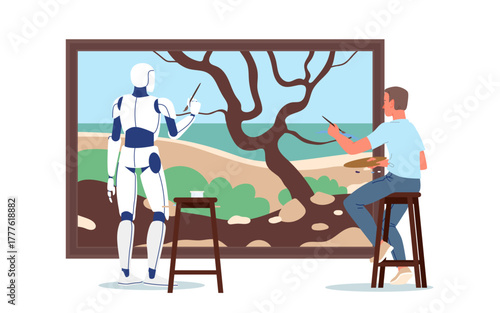 Art content creation with artificial intelligence artist assistant, AI generated artwork. Man and robot create together, painter drawing image with brush and help of cyborg
