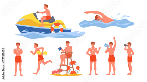 Beach lifeguard characters at water rescue duty set. Male guard lifesaver running and swimming, riding jet ski and sitting with binoculars on wooden tower to save life cartoon vector illustration