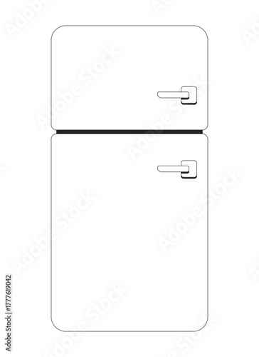 Retro refrigerator with two compartments 2D line object. Fridge, freezer. Vintage appliance. Kitchen interior. Food storage isolated clipart vector ink outline item. Monochrome spot illustration