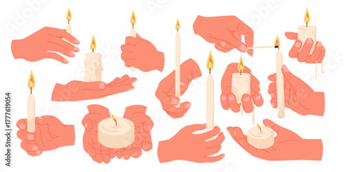Human hands holding one white thin candles to celebrate religious holiday. Fingers of palm hold burning wax candle in holy ceremony of church, worship meditation and prayer cartoon