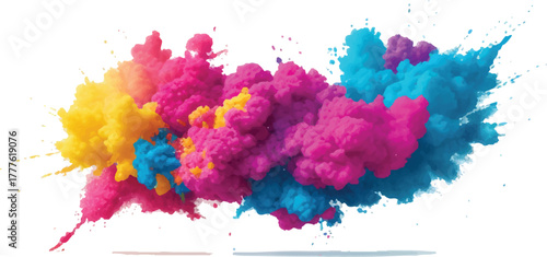 Colorful holi powder explosion vibrant pigment cloud for festival celebrations isolated on white background