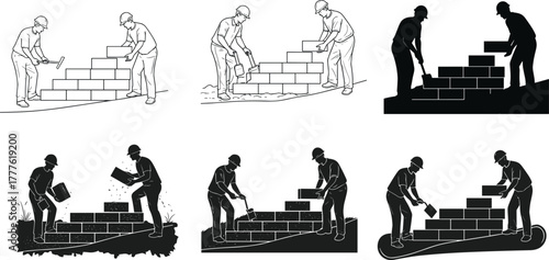 Silhouette vector illustration of construction workers laying bricks, applying mortar, building walls, teamwork, masonry, architecture, engineering, labor, repair, maintenance, and industry