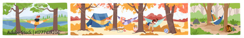 Camping nature scenes with people swinging in hammocks set. Carefree cozy outdoor relax of man and woman, tourists group lying in hammocks to enjoy view, rest after hiking cartoon