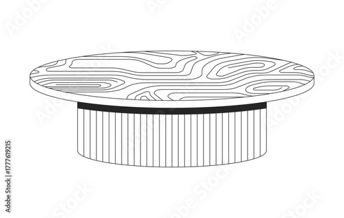 Round coffee table with textured wood top 2D line object. Wooden furniture. Circular surface with ribbed cylindrical base isolated clipart vector ink outline item. Monochrome spot illustration