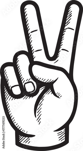 Hand Gesture V Sign Vector, Peace and Victory Hand Symbol Line Art Illustration, vector