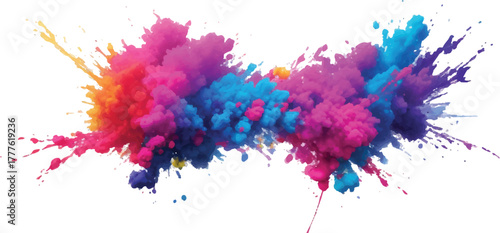 Colorful powder explosion vibrant pigment splash abstract design element for Holi festival and creative projects isolated on white background