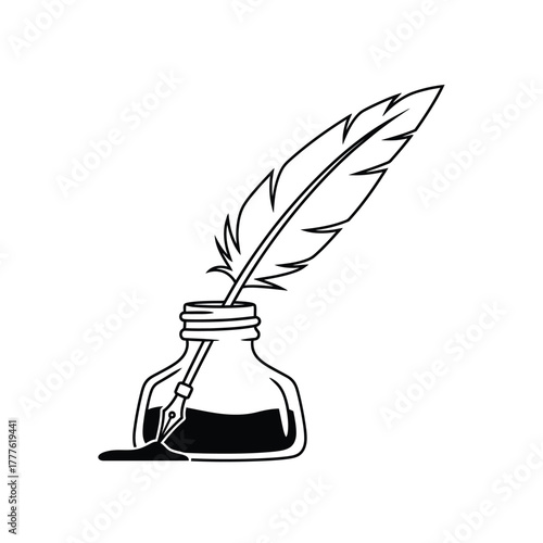 Ink Bottle with Quill Pen Icon — Vintage Writing Tool Silhouette Vector