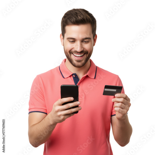 Smiling man making online purchase with phone and card against transparent studio
