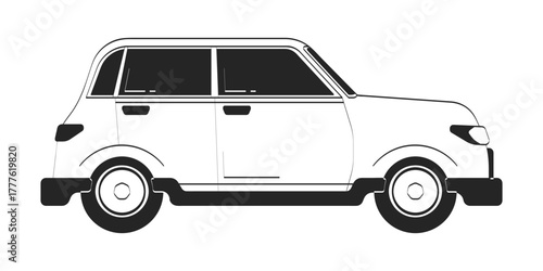 Sedan car side view doodle linear object. Automobile rental. Urban vehicle. City driving. Auto transport 2D vector outline clip art drawing isolated on white. Hand drawn sketch illustration