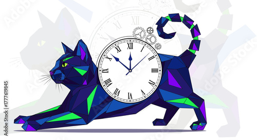 Colorful Cat with Clock at Home, Digital Illustration in Vibrant Environment