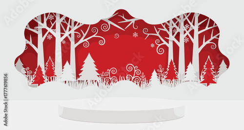 A whimsical, three-dimensional, paper-cut holiday scene featuring white trees, snowflakes, and festive red background layers, with a clean pedestal display, perfect for Christmas product presentation.