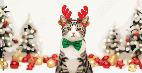 A charming, fluffy tabby cat wearing festive reindeer antlers and a green bow tie, posing amidst Christmas trees and holiday decorations, creating a whimsical, funny, and joyful seasonal portrait.