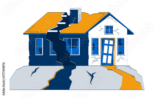 Earthquake damaged house doodle cartoon illustration. Broken property. Quake zone. Cracked home split due to seismic disaster 2D flat object isolated on white. Doodleart hand-drawn drawing colorful