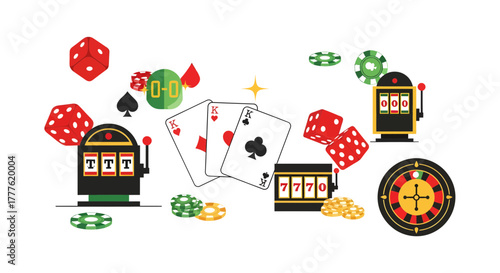 Slot Machines, Cards, Dice, and Roulette at Vibrant Gaming Arena, Colorful Graphic Illustration